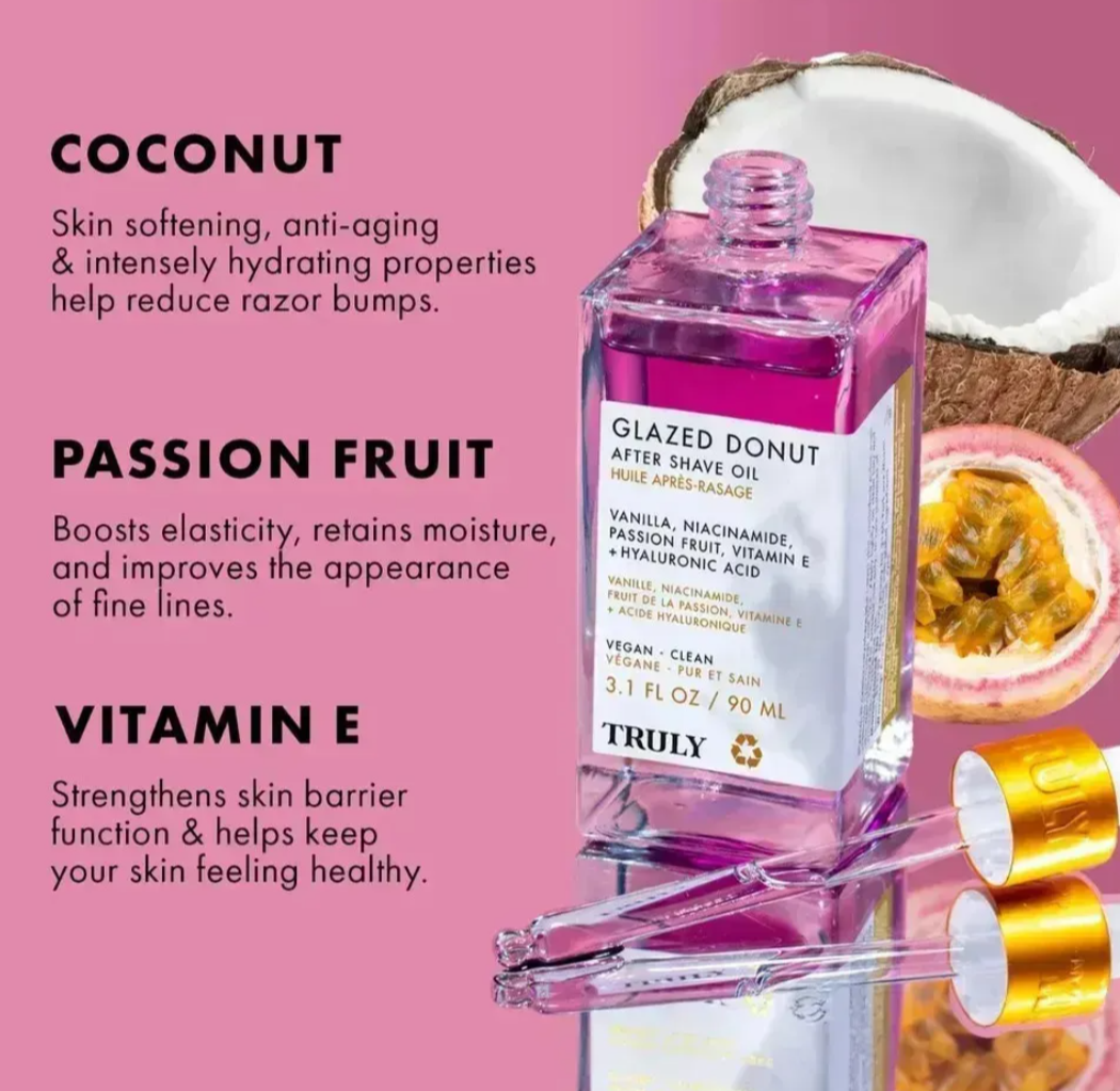Truly Glazed Donut Oil: aceite puro con niacinamida para el tono, maracuyá para la elasticidad, vitamina E para la reparación y ácido hialurónico para la hidratación que dura todo el día.